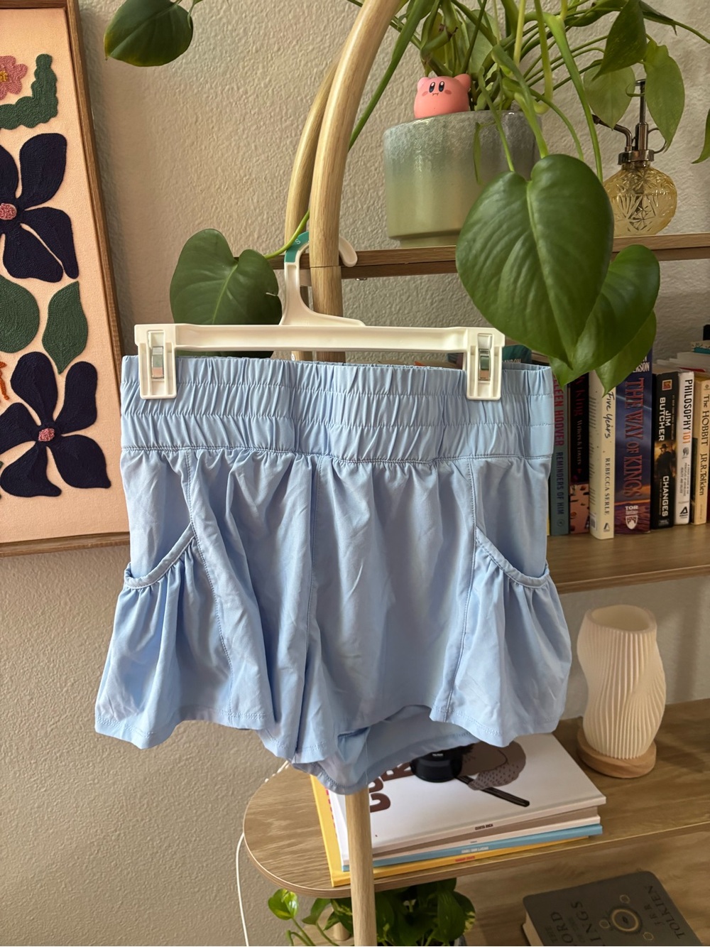 Light Blue Women's Elastic Waist Shorts with Side Pockets